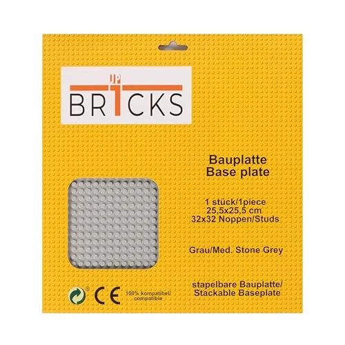 JP BR1CKS Bauplatte, 32x32 (25,5 x 25,5 cm), 1 Klemmbausteinplatte, Kompatibel mit allen führenden Marken, beidseitig bebaubar, Platte (grau)