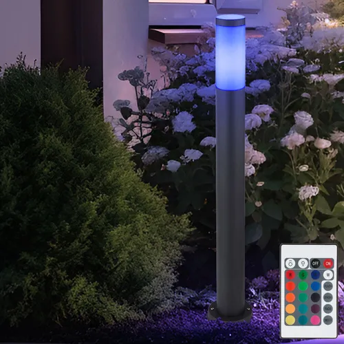 Dimmbar Außenstehlampe mit Fernbedienung – LED Wegeleuchte aus Edelstahl - Hochwertige Gartenlampe in anthrazit, 8,5W, 806lm, warmweiß. Mit IP44 Schutz ideal für draußen, sorgt der RGB Farbwechsel für stimmungsvolle Akzente.