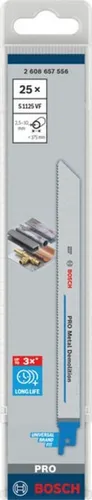 Bosch Accessories 2608657556 Säbelsägeblatt S 1125 VF, Heavy for Metal - 25er-Pack - Sägen: Bimetall-Säbelsägeblatt für mühelose, glatte Schnitte in Metall, ideal für Abbrucharbeiten. Optimierte Vario Zahngeometrie reduziert Vibrationen und sorgt für Stabilität.