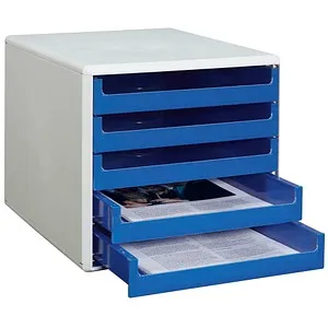 M&M Schubladenbox mit 5 offenen Schubfächern, grau/blau - Praktische Schubladenbox mit 5 herausnehmbaren Fächern, stapelbar und ideal zur Aufbewahrung von Kleinigkeiten. Maße: 28,5 x 26 x 35,7 cm.