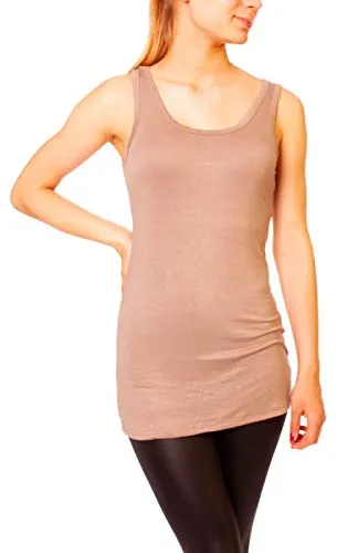 Easy Young Fashion - Damen Basic Trägertop - ärmelloses Longtop Extra Lang - Skinny Fit 9002 - OneSize (Hellbraun)