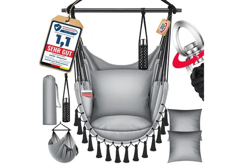 KESSER Hängesessel mit Kissen und Getränkehalter - Hängesessel in grau mit Bücherfach, belastbar bis 150 kg – ideal für entspannte Stunden im Garten oder Wohnzimmer.
