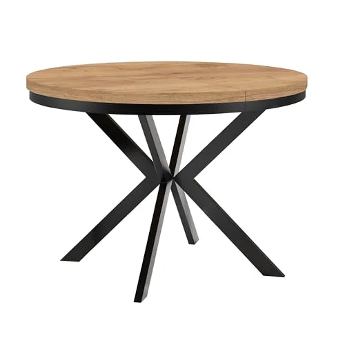 Dekori Möbel Runder Ausziehbarer Tisch für Esszimmer ENDO mit Ring-Gestell und Metallbeinen, Durchmesser Varianten von : 90 bis 220 cm (Eiche Craft Golden/Schwarz, 120/220 cm)