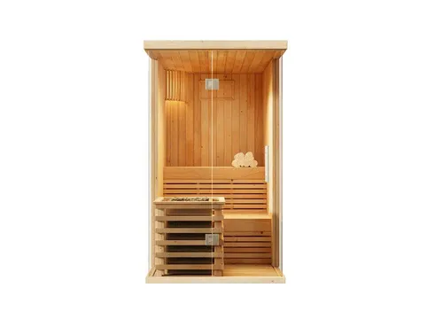 FinnTherm Innensauna Milla - Sauna für 2 Personen mit Glasfront - Sauna für 2 Personen, kompakt mit hochwertigen Saunaliegen und optimaler Luftzirkulation durch große Fensterelemente. Perfekt für Ihr Zuhause!