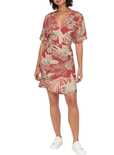 ONLY Damen Onlpalina Life 2/4 Wrap Dress Ptm Wickelkleid, Rot, XS EU - Freizeitkleid für Damen mit V-Ausschnitt, ideal für modische Auftritte und vielseitige Anlässe.