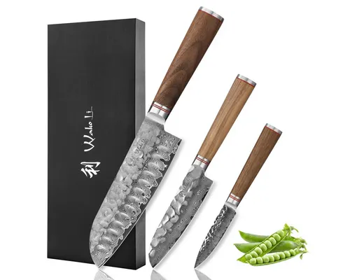 Wakoli Nussbaum 3er Messerset I Walnussholzgriff - Hochwertiges 3er Messerset aus 67 Lagen Damaststahl mit ergonomischen Walnussholzgriffen. Ideal für präzises Schneiden und außergewöhnliche Haltbarkeit – ein Must-Have für jeden Koch!