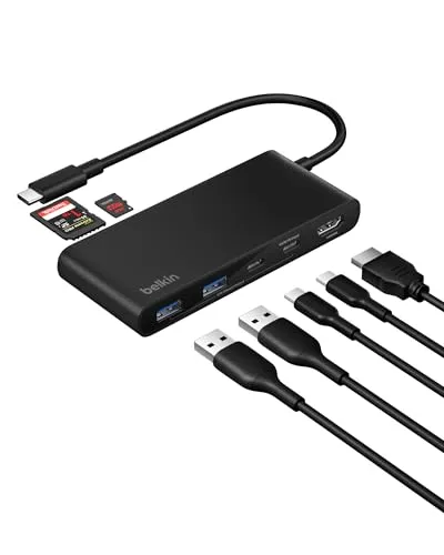 Belkin 7-in-1 USB-C Hub Dockingstation - Vielseitiger USB-C Hub für die optimale Verbindung von bis zu sieben Geräten. Ideal für kreative Berufe, mit HDMI 2.0 für gestochen scharfe Bildqualität und schneller Datenübertragung bis 5 Gbit/s. Perfekt für Büro, Zuhause und unterwegs.