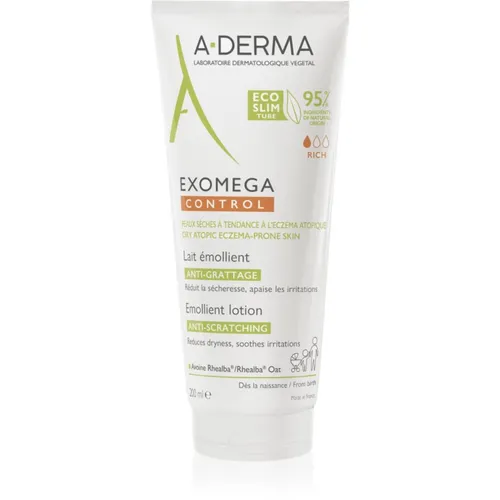 A-derma Exomega Control Milch Rückfettend - 200 ml Körpermilch für sofortige Linderung bei trockener, juckender Haut und atopischem Ekzem