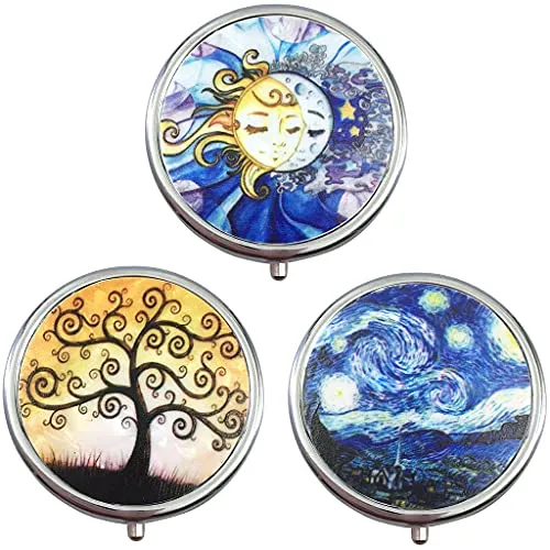 Stück Pillendose aus Metall Rund, Feelairy 3 Fächer Pillendose mit Spiegel Pillenetui Klein für Unterwegs Vitamine Medizin Tablet Organizer Case Pillenbox für Tägliche und Reise Verwenden 3