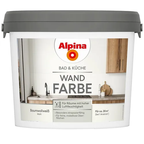 Alpina Wandfarbe Baumwollweiß 2,5 L für Küche & Badezimmer - Hochwertige Wandfarbe für Küche & Badezimmer in Baumwollweiß, ideal für ein frisches Raumgefühl und einfache Anwendung. Wetterbeständig und langlebig.