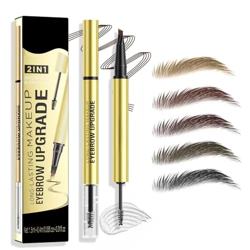 Microblading Augenbrauenstift Wasserfest, Eyebrow Pencil mit Gel & 4 Mikrogabelspitzen, 2-in-1 Dual-Ended Augenbrauenstift Härchenzeichnung, Wischfest, Langanhaltend, NatüRlicher (Dunkelbraun)