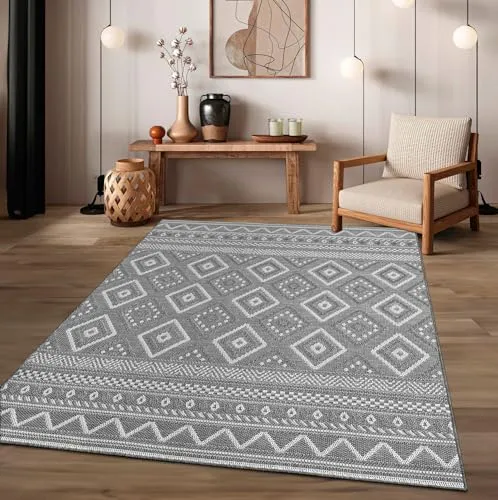 TT Home In-& Outdoor Teppich Wetterfest Balkon Küche Wohnzimmer Boho Rauten Design, Farbe: Grau 2, Größe:300x400 cm