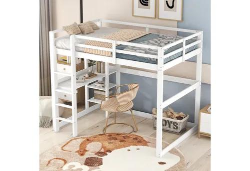 Modfu Hochbett Weiß 90x200 cm mit integriertem Schreibtisch - Platzsparendes Hochbett für Kinder- und Jugendzimmer mit integriertem Schreibtisch und 4 Ablagefächern. Robuste Kiefernholz-Konstruktion in Antikweiß, ideal für kreatives Lernen und Spielen.