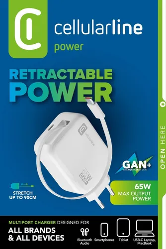 Retractable Power 65W - Wandladegerät mit einziehbarem USB-C-Kabel - Ladegeräte, 65W Leistung und praktisches einziehbares Kabel für eine ordentliche Aufbewahrung.