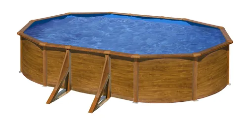 Gre Pacific 500 x 300 x 120 Holzoptik Basic-Set - Oval-Schwimmbecken 500 x 300 x 120 cm in Holzoptik, einfach zu installieren ohne Grabungsarbeiten, bietet Haltbarkeit und Stabilität durch seitlich angebrachte Pfosten.