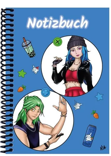 A 4 Notizbuch Manga Quinn und Enora, blau, blanko Spiralbindung, Notizbuch, T...