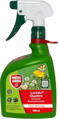 PROTECT GARDEN Universal-Rasenunkrautfrei Loredo Quattro Rasen-Unkrautvernichter gegen hartnäckige Unkräuter mit 4-fach Wirkung, 1 Liter Sprüher