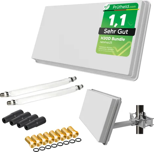 SAT Flachantenne Twin H30D2+ mit Fensterhalterung - SAT-Antenne für 2 Teilnehmer, extrem flach und unauffällig, ideal für Balkon oder Wandmontage. Inklusive 2 Fensterdurchführungen und Wetterschutztüllen für einfache Installation.