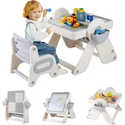 COSTWAY 6-in-1 Kinder-Tisch & Stuhl Set – Multifunktionale Sitzgruppe für kreative Aktivitäten - Dieser 6-in-1 Kindertisch bietet eine abnehmbare Tischplatte für vielseitigen Spaß: Schreiben, Zeichnen, Spielen oder sogar Sand- und Wasserspiele. Mit Stauraum und höhenverstellbarer Staffelei für optimale Nutzung.