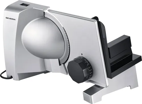 Severin AS 3917 Allesschneider (grau) - Vielseitiger Allesschneider mit hochwertigem Metallgehäuse, ideal für präzise Schnitte von Brot, Käse oder Obst. Schnittstärke von 0 bis 23 mm einstellbar und einfach zu reinigen dank herausnehmbarem Edelstahlmesser.