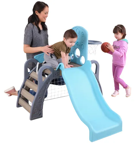 Produktbild KidKraft 5-in-1 Sportliches Klettergerüst für Kleinkinder mit Rutsche, Kletterleiter, Basketballkorb, Fußballtor und Baseballziel – inkl. 3 Bälle