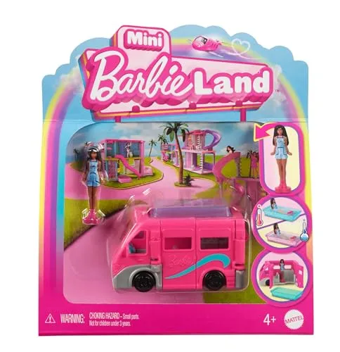 Barbie Mini BarbieLand Puppe und Spielzeugfahrzeug-Set, ca. 4 cm große Barbie-Puppe und DreamCamper mit funktionierenden Türen und Farbwechsel-Pool, HYF39