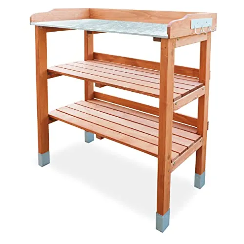HABAU Pflanztisch aus Hemlocktanne mit Metallhaken - Robuster Pflanztisch aus massiver Hemlocktanne, geölt und pflegeleicht, mit 6 Metallhaken und 2 Ablageflächen für Zubehör – ideal für Gartenliebhaber.