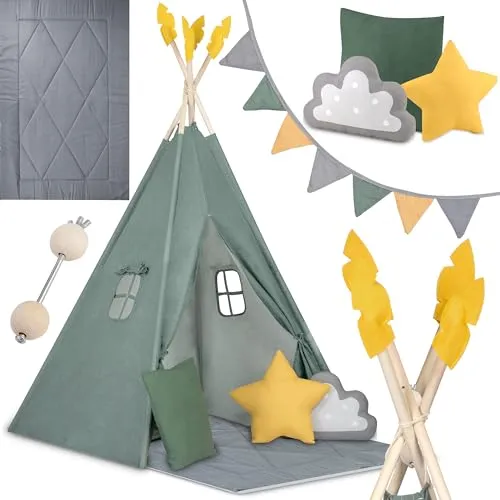Nukido Spielzelt für Kinder - Faltbares Teepee mit Holzrahmen und Zubehör - Baby- & Kleinkindspielzeug: Kreatives Spielzelt aus Holz und Baumwolle, inklusive Kissen und weicher Spielmatte für stundenlangen Spielspaß.