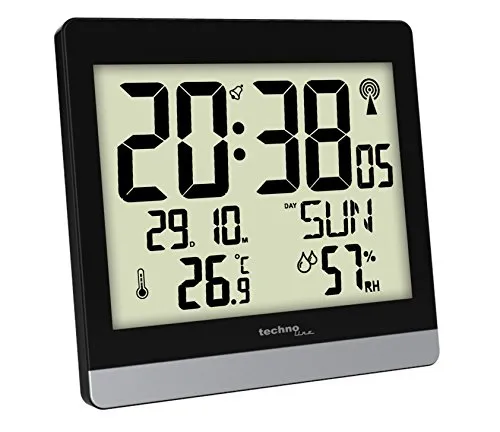 technoline Funkwanduhr WS 8014 - Schwarz, 200 x 189 x 29mm - DCF-77 Funkuhr mit Datums- und Wochentagsanzeige, Innentemperatur- und Luftfeuchteanzeige sowie Weckalarm mit Schlummerfunktion, ideal für präzise Zeitmessung.