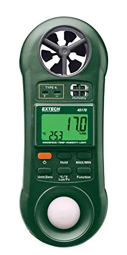 Extech Hygro-Thermo-Anemometer-Belichtungsmesser 45170 - Multimeter 4-in-1 Messgerät für Feuchtigkeit, Luftgeschwindigkeit und Licht; tragbar mit großem Dual-LCD-Display für einfache Ablesbarkeit.