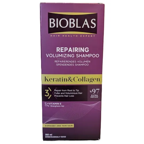 Bioblas Repair & Volume Shampoo mit Keratin & Kollagen - Shampoo für feines, strapaziertes Haar, stärkt und schützt mit patentiertem B19-Kräuterkomplex, reduziert Haarverlust um bis zu 95,6 %.