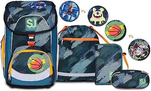 SJ Schulranzen Set 4-teilig Ergonomischer Schulrucksack, Ultraleichte Schultasche, 22 LT, ab 1. Klasse mit Mäppchen und Turnbeutel, Kinder Grundschule Mädchen Junge, grün/orange