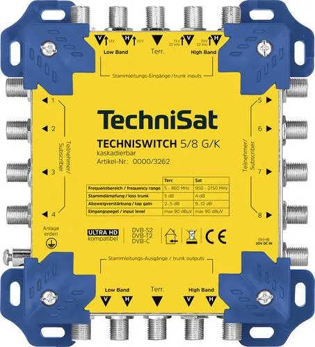Technisat Umschaltmatrix TECHNISWITCH 5/8 G/K inkl. NT - Vielseitige Umschaltmatrix für Audio- und Videoanwendungen, inkl. Netzteil. Ideal für professionelle Setups und zuverlässige Signalverteilung.