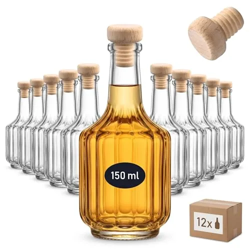 gouveo 12er Set Glasflasche 200 ml Rustica mit Korken - Praktisches 12er Set Gouveneo Glasflaschen (200 ml) zum stilvollen Abfüllen und Servieren von Likör, Spirituosen und mehr. Die dekorative Form sorgt für ein sauberes Ausgießen und ist ein echter Hingucker in jeder Küche oder Bar.