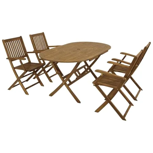 DEGAMO Klappgarnitur BENITA 5-teilig aus Akazie - Ovaler Tisch 85x160cm - Hochwertige Klappgarnitur BENITA aus massivem Akazienholz für Garten und Terrasse. Mit 2 komfortablen Klappstühlen und einem ovalen Tisch bietet sie Stabilität, Langlebigkeit und eine rustikale Optik. Platzsparend und praktisch!