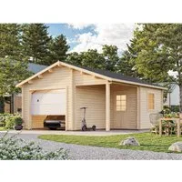 Palmako Holzgarage Roger mit Sektionaltor – 21,9+5,2m² Platz - Fertiggarage mit winddichter Chaletschnitt-Eckverbindung und stabilen Leimholzpfetten. Das Sektionaltor bietet optimalen Schutz, während die halbverglaste Tür und das Einzelfenster für Licht sorgen.