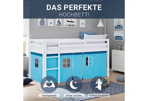 Homestyle4u Hochbett 90x200 cm – Kinderbett mit Rausfallschutz - Kreatives Hochbett aus Kiefernholz in Weiß und Blau, ideal für Kinderzimmer. Mit flexiblem Rausfallschutz und Stauraum unter dem Bett – perfekt für Ordnung und Rückzugsmöglichkeiten.