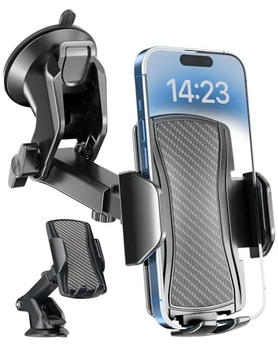 Hoppac Handyhalterung Auto, Ultrastarker Saugnapf Handyhalter Kfz für Armaturenbrett Windschutzscheibe, 360° Drehung EIN-Knopf-Entriegelung Phone Holder Car für Smartphone iPhone Max Android 4-7