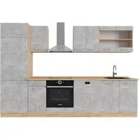 Vicco Küchenzeile R-Line 300 cm, Beton/Goldkraft Eiche - Küchenzeile mit flexiblem Stauraum und höhenverstellbaren Füßen für optimale Anpassung. Ideal für individuelle Küchenlösungen und ein wahres Kocherlebnis!