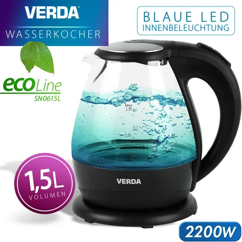Edelstahl Wasserkocher 1,5L mit LED Beleuchtung und OneTouch-Verschluss - Leistungsstarker 2200W Wasserkocher mit 1,5L Fassungsvermögen. Elegantes Design mit blauer LED-Beleuchtung, automatischer Abschaltung und Kalkfilter für reinen Geschmack.