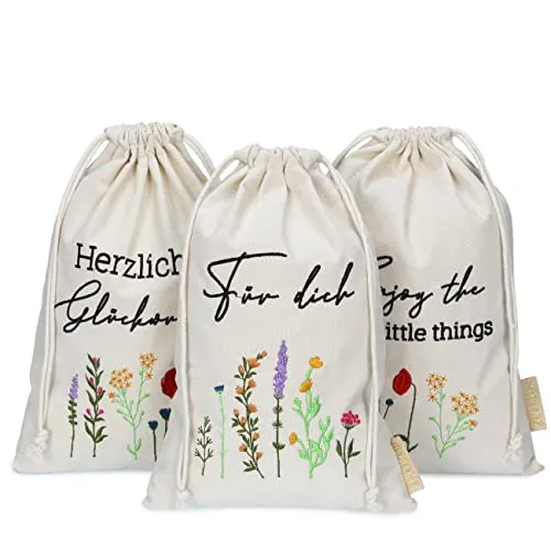 Papierdrachen 3 Leinensäckchen mit Bestickung - Osterverpackung Geschenkverpackung Tischdeko - Stoffsäckchen zu Ostern - Blümchen - 20x30 cm - Set 4