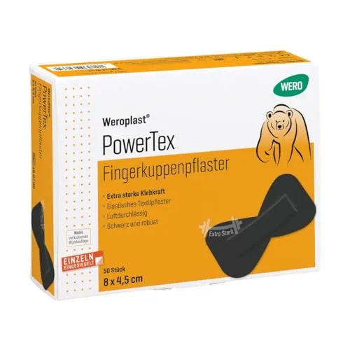 Weroplast® PowerTex Fingerkuppenpflaster – 50 Stk - Schwarzes Textilgewebe mit extra starker Klebkraft, langlebig und anpassungsfähig. Ideal für den täglichen Einsatz, luftdurchlässig und verklebt nicht mit der Wunde. Einfache Anwendung dank Bildanleitung.