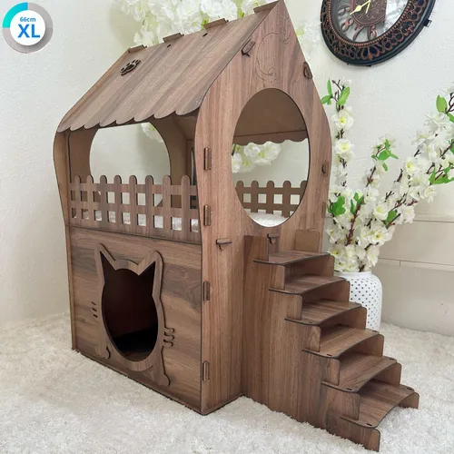 Zweistöckiges MDF Katzenhaus in Holzoptik Braun – In 3 Größen (XL, XXL, 3XL) – W