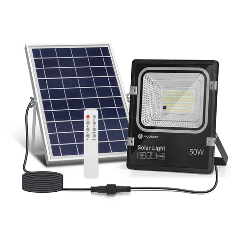 Aigostar 50W Solar LED Flutlichtstrahler – Dimmbar mit 3000K/4500K/6500K - Der Aigostar Solar LED Flutlichtstrahler mit 5000 mAh Akku bietet bis zu 12 Stunden Licht bei voller Ladung. Ideal für Außenbereiche, mit einem praktischen Dämmerungssensor und flexibler Installationshöhe von 3-6 m.