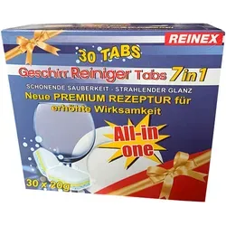 Reinex Geschirr-Reiniger-Tabs 7 in 1, 30 Tabs - Premium Geschirrspülmittel mit neuer Rezeptur für strahlenden Glanz und schonende Sauberkeit. Ideal für müheloses Spülen.