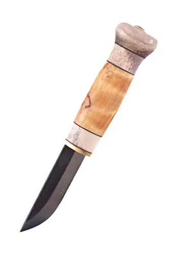 Finnenmesser Wood-Jewel 23P Pikkupuukko - Kompaktes Jagdmesser - Jagdmesser mit 5,7 cm Kohlenstoffstahlklinge und ergonomischem Griff aus Maserbirke und Rentierhorn. Ideal für Outdoor-Aktivitäten, inklusive Lederscheide.