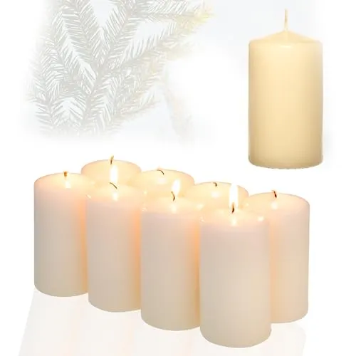 Candelo 8er Set Premium Stumpenkerzen - Champagner - Kerzenset für festliche Anlässe, glänzende cremefarbene Kerzen mit 30 Stunden Brenndauer, ideal für Weihnachtsdekoration und Adventskränze.