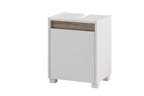 Schildmeyer Waschbeckenunterschrank Cosmo, 42 x 54,5 x 33 cm, weiß - Unterschrank fürs Bad mit grifflosem Design und einfacher Montage. Praktischer Syphonausschnitt und stilvolle wildeiche Traverse für modernes Badezimmer.
