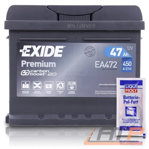 EXIDE AUTOBATTERIE 12V 47Ah STARTERBATTERIE 450A INKL LIQUI MOLY BATTERIEPOLFETT