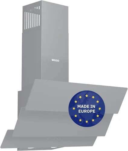 Wiggo B643 Dunstabzugshaube 60cm kopffrei I Abluft Umluft Dunstabzug 615m³/h - Touch-Display 4 Stufen I Energieeffizienzklasse B Schräghaube inkl. 2x Kohlefilter I Abzugshaube Glasfront grau